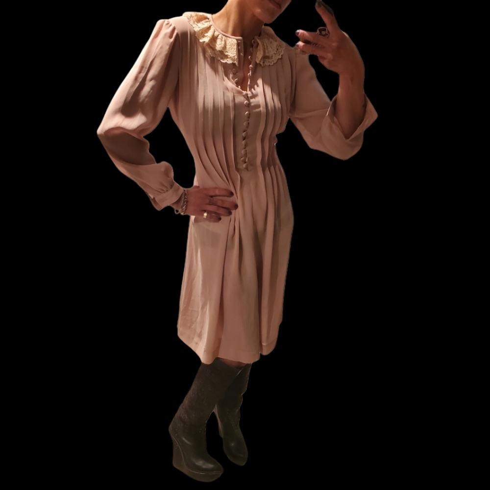 VINTAGE/ANTIQUE Sheer Collared Midi Dress S Cottagecore